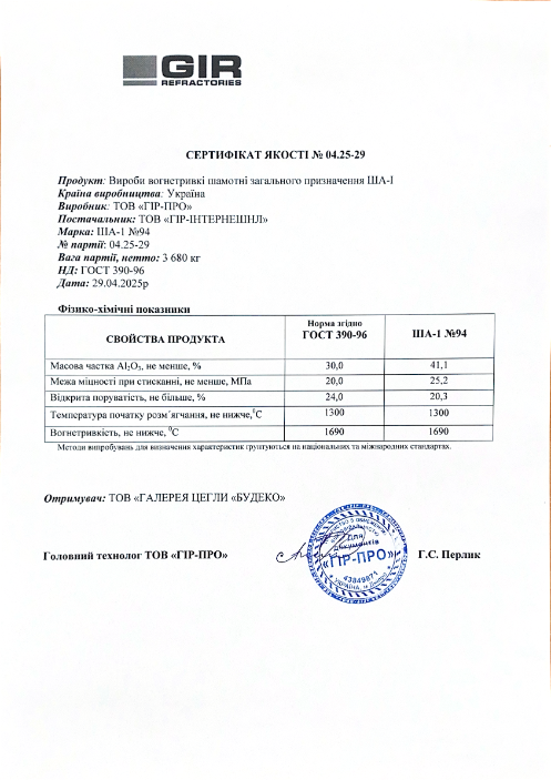 Сертификат для шамотной вибролитой плиты ША-94