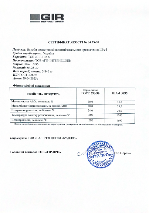 Сертификат для шамотной вибролитой плиты ША-95