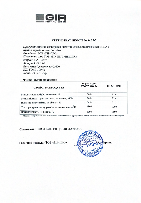 Сертификат для шамотной вибролитой плиты ША-96